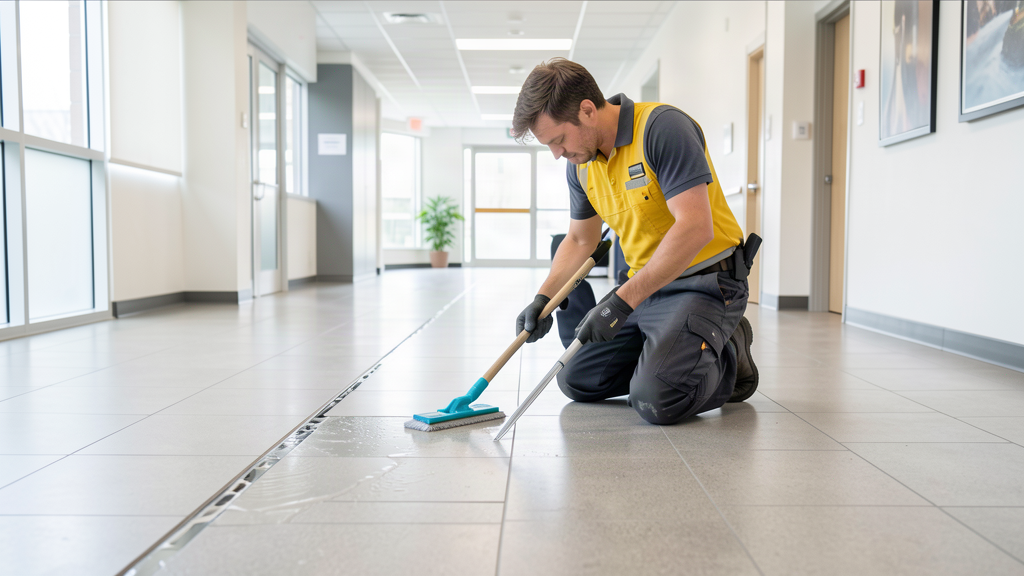Commercial floor care technician inspecting hard flooring and grout lines in a facility corridor