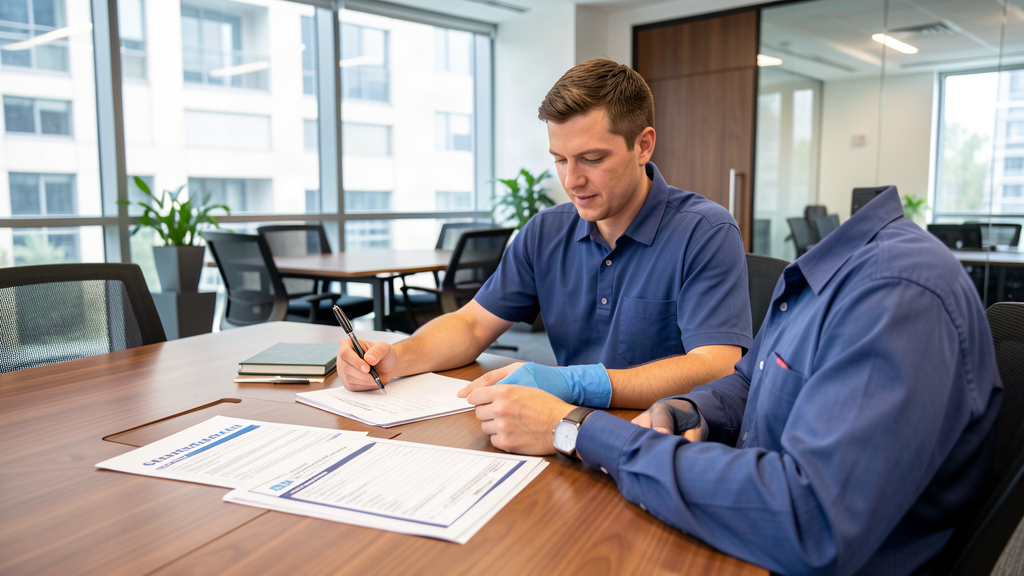 Facility manager reviewing a janitorial proposal checklist with commercial cleaning scope documents