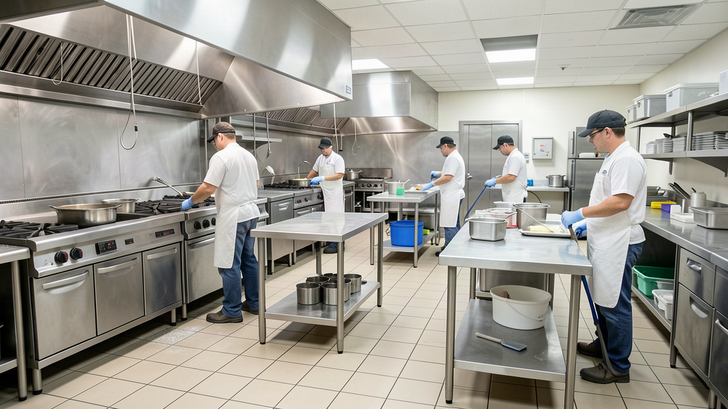 Commercial cleaning crew deep cleaning a stainless steel restaurant kitchen and tile floor after hours