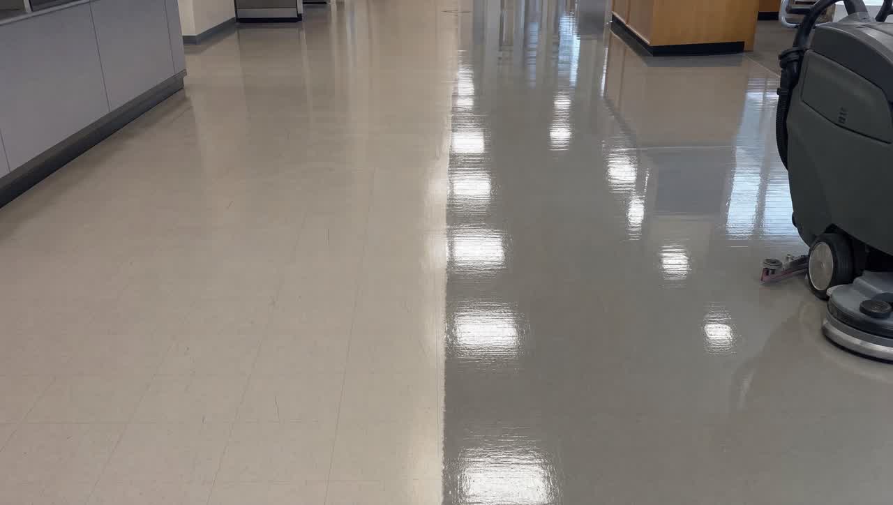 Commercial VCT floor mid strip-and-wax showing stripped half beside brilliant freshly waxed half