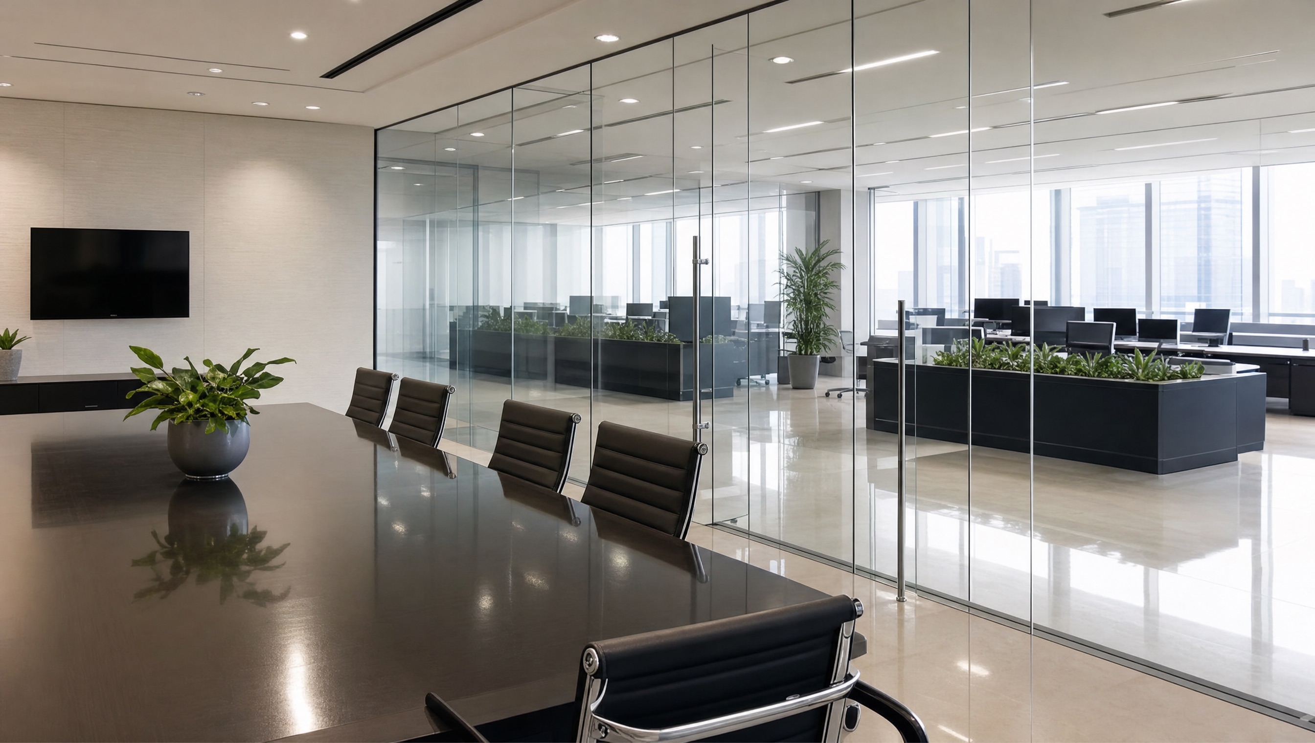 Spotless modern office conference room with glass walls and polished floors after professional cleaning