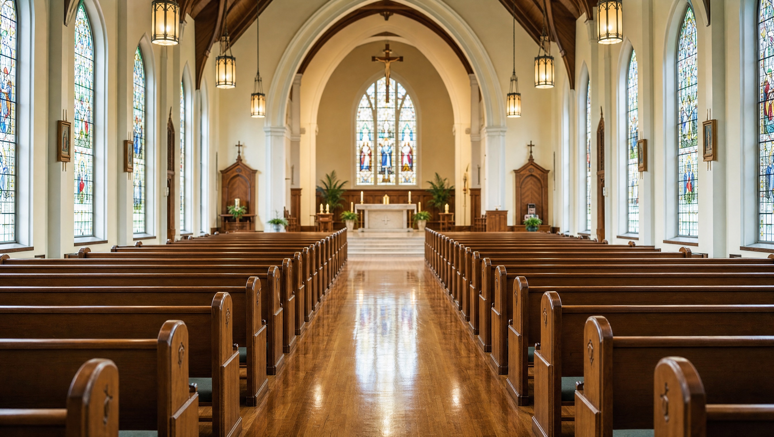 Pristine church sanctuary with polished wooden pews and gleaming center aisle