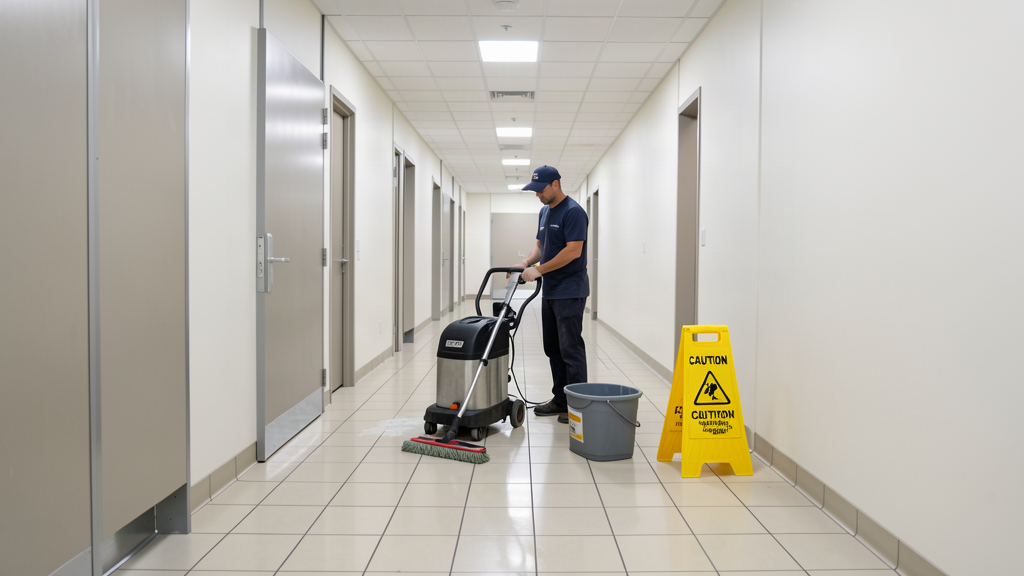 Commercial cleaning technician using a floor machine on tile and grout in a facility corridor