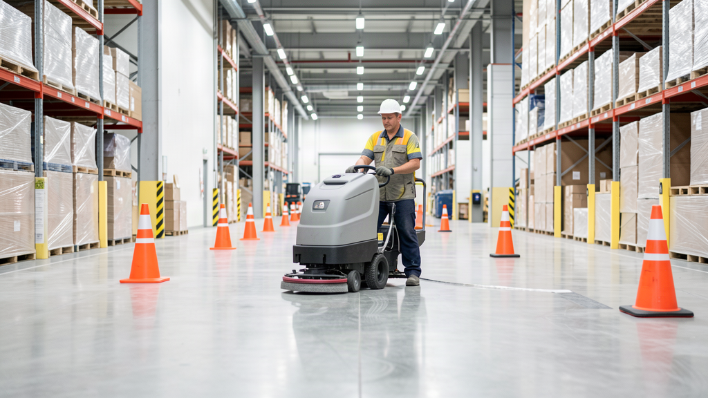 Commercial auto scrubber cleaning a smooth concrete warehouse floor