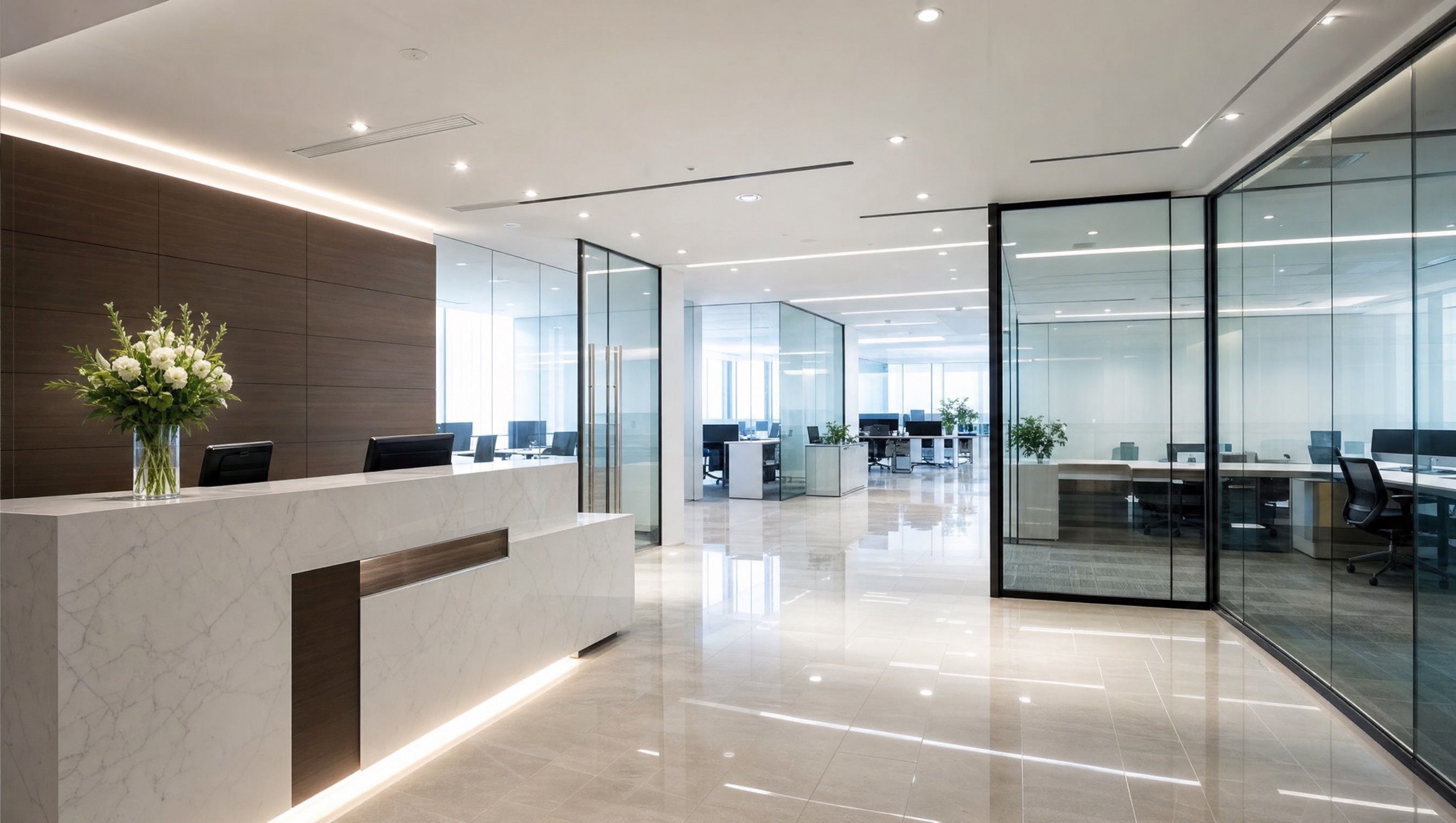 Spotless corporate office reception and workspace with polished floors after professional commercial cleaning