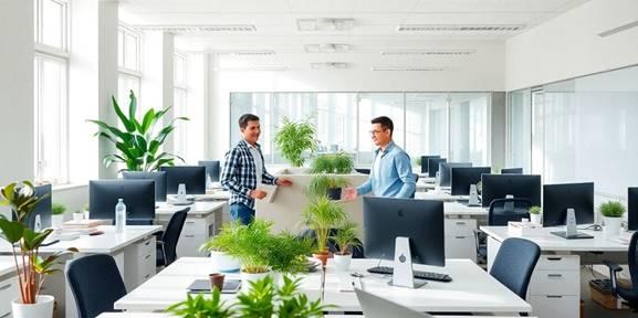 "Employee working happily in a clean, organized workspace"